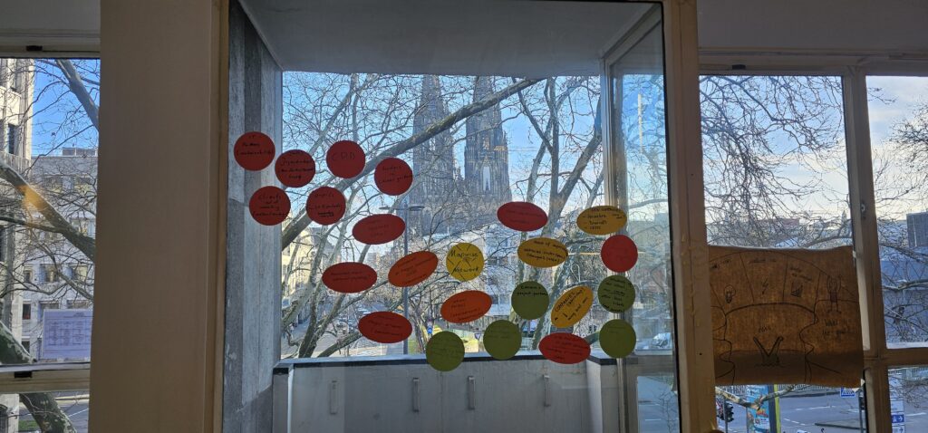 Verschiedene Moderationskarten kleben an einem Fenster. Im Hintergrund ist der Kölner Dom zu sehen.